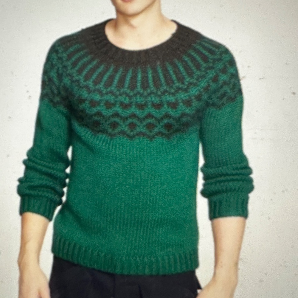 Umit Benan Milano Green/Black Lamb Wool Fair Isle Sweater Size M